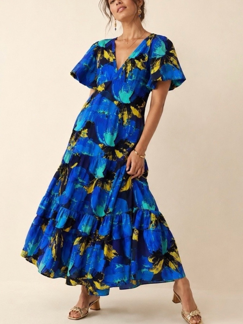 Christopher John Rogers Blue Maxi Dress with Yellow & Teal Print